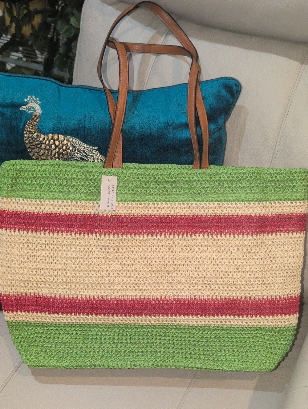 Striped Woven Tote with Green, Cream & Pink Accents